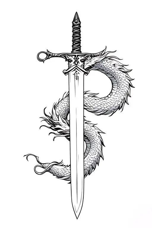 sword with Japanese dragon wrapped feminine  tattoo design idea