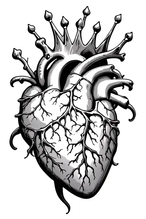 heart with extended veins and a crown tattoo design idea