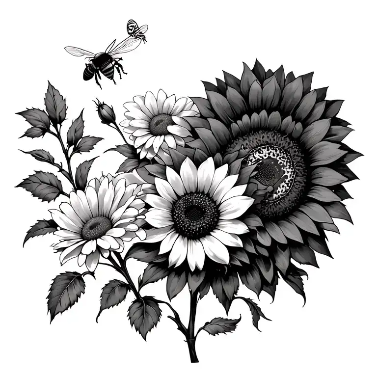 sunflower a rose a daisy and a honeybee flying tattoo design idea