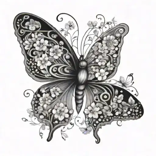 A butterfly made up of tiny intricate flowers, each representing a member of your family tattoo design idea
