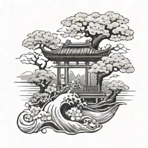 japan shrine, cherry blossom, and ocean wave tattoo design idea