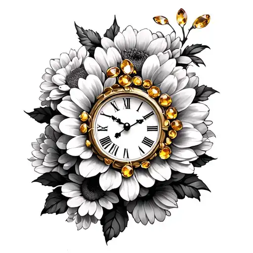 9:01 roman clock with chrysanthemum flowers and citrine birthstones tattoo design idea