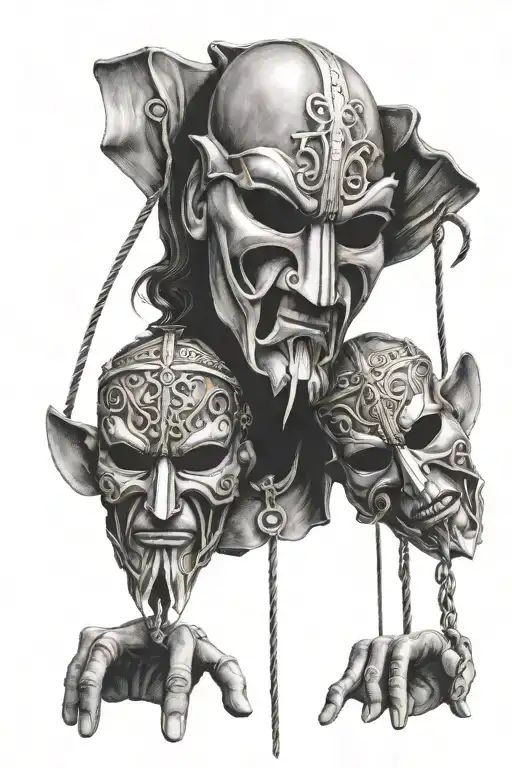 Black and white photograph of a ancient Greece drama masks, master of puppets hand with strings, leonardo da vinci human tattoo design idea