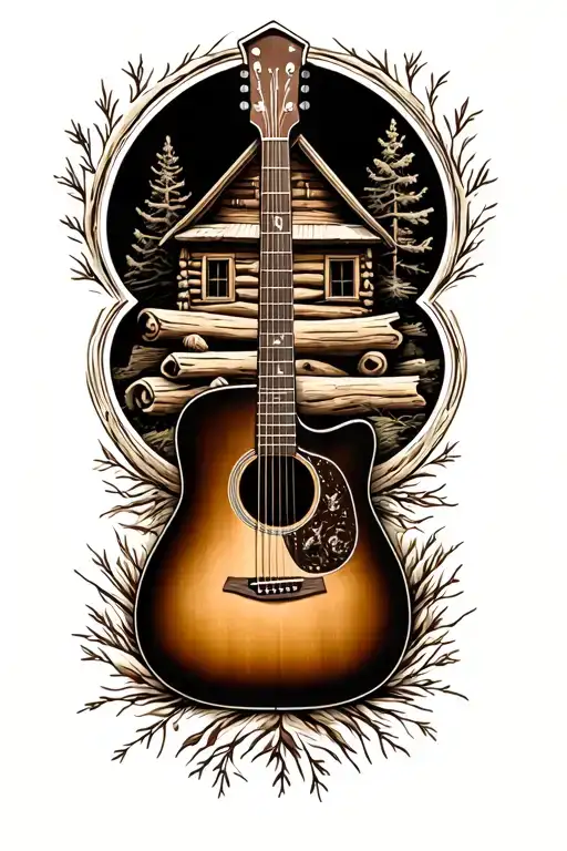 accoustic guitar surrounded by log cabin scene  tattoo design idea