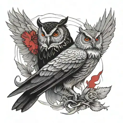 owl and raven with red eyes tattoo design idea