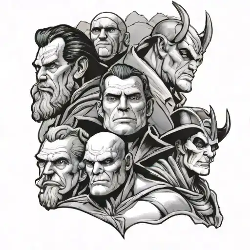 Mount Rushmore Thanos, Voldemort, Bane, The Joker tattoo design idea