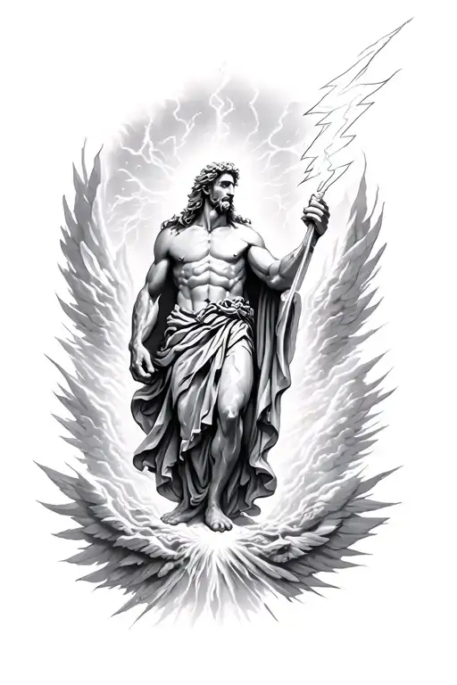 Lightning Zeus holding a lightning bolt in heaven gates tattoo design idea