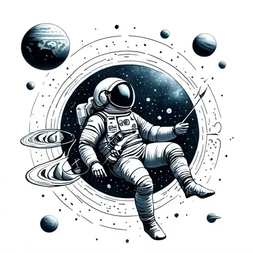 astronaut floating in space with planets,  seed of life tattoo design idea