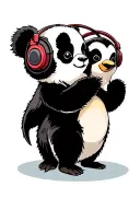 standing panda and penguin wearing headphones tattoo design idea