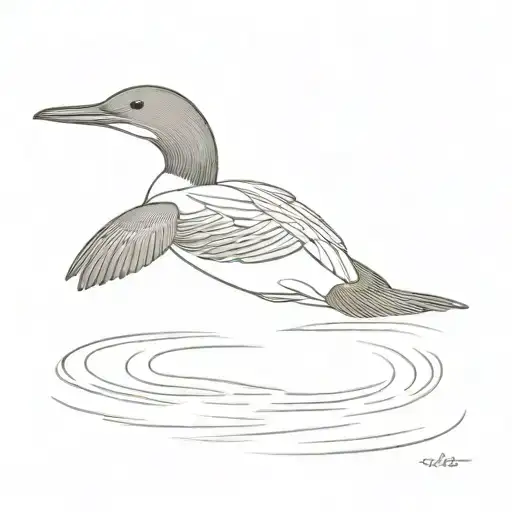 A minimalist tattoo of a Common Loon gracefully swimming in a tranquil lake tattoo design idea