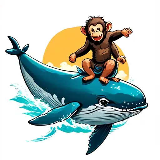 Monkey riding a whale jumping tattoo design idea