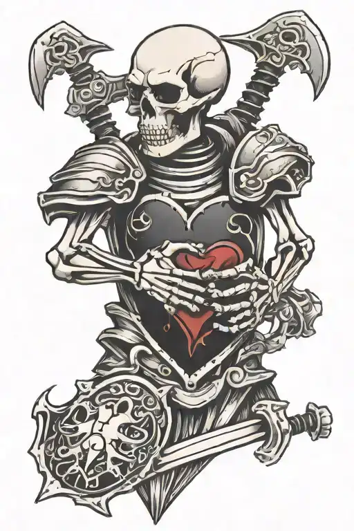 skeleton in armour holding a heart tattoo design idea