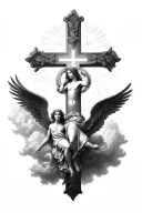 angels floating around a detailed cross intertwined with halos surrounded by clouds tattoo design idea