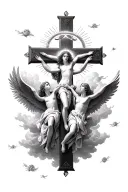 angels floating around a detailed cross intertwined with halos surrounded by clouds tattoo design idea