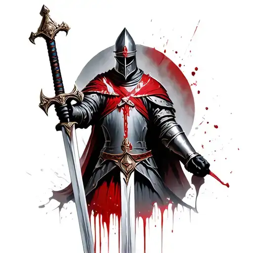 a Templar knight with a sword with blood dripping down the blade tattoo design idea