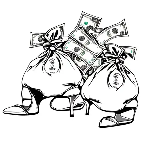 Black and white sketch of money bags overflowing with cash and a pair of stripper heels tattoo design idea