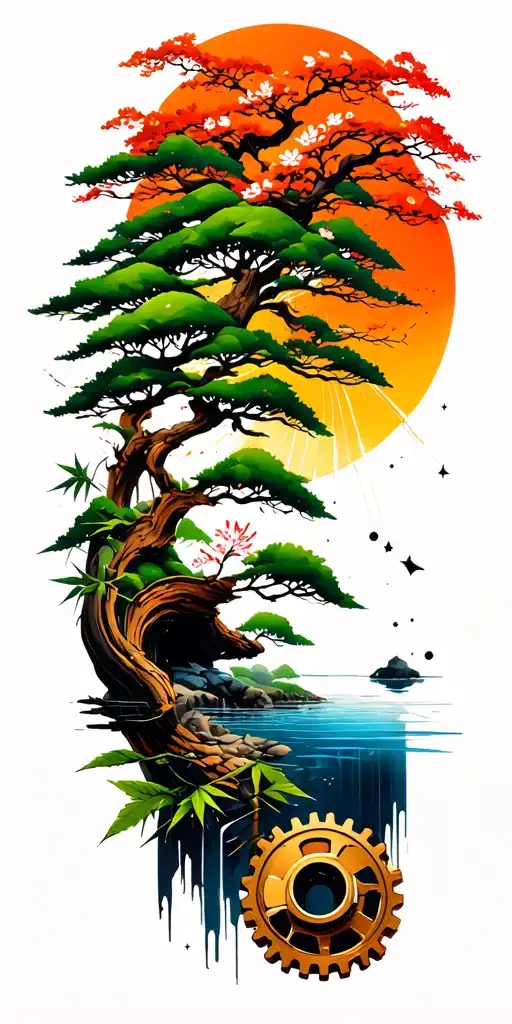 Japanese landscape of trees,water,bamboo,blossoms, and wood mechanical gears integrated with abstract space and physics tattoo design idea