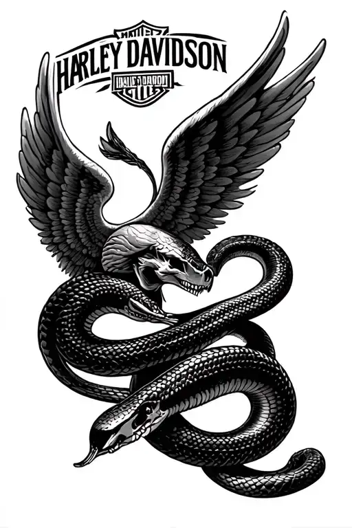 harley davidson logo with snake wrapped around it and angel wings tattoo design idea