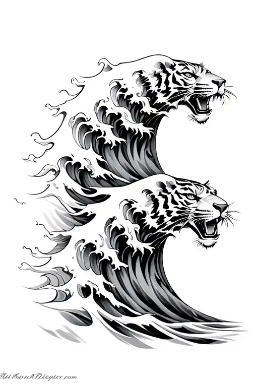 three intertwined rushing waves with a tiger head formed from the inner rushing wave that is sketched and Japanese look tattoo design idea