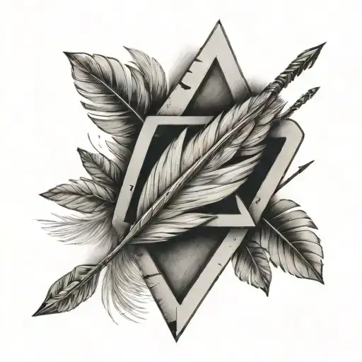 Timéo with arrowhead before the T and the rest of the arrow after the o with geometric shape and feather tattoo design idea