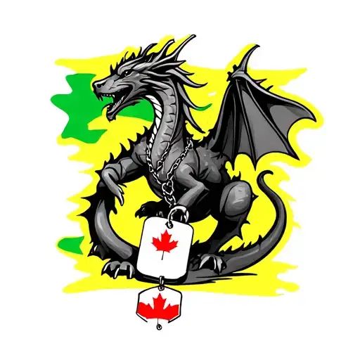 Tattoo wrist small Colour green & yello of Canada flag on a dog tag w full body realistic Dragon wearing Necklace around tattoo design idea