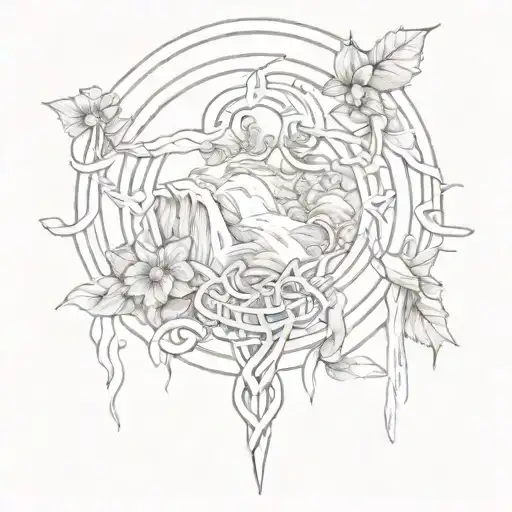 A celtic knot design incorporating elements of nature like waterfalls and flowers tattoo design idea