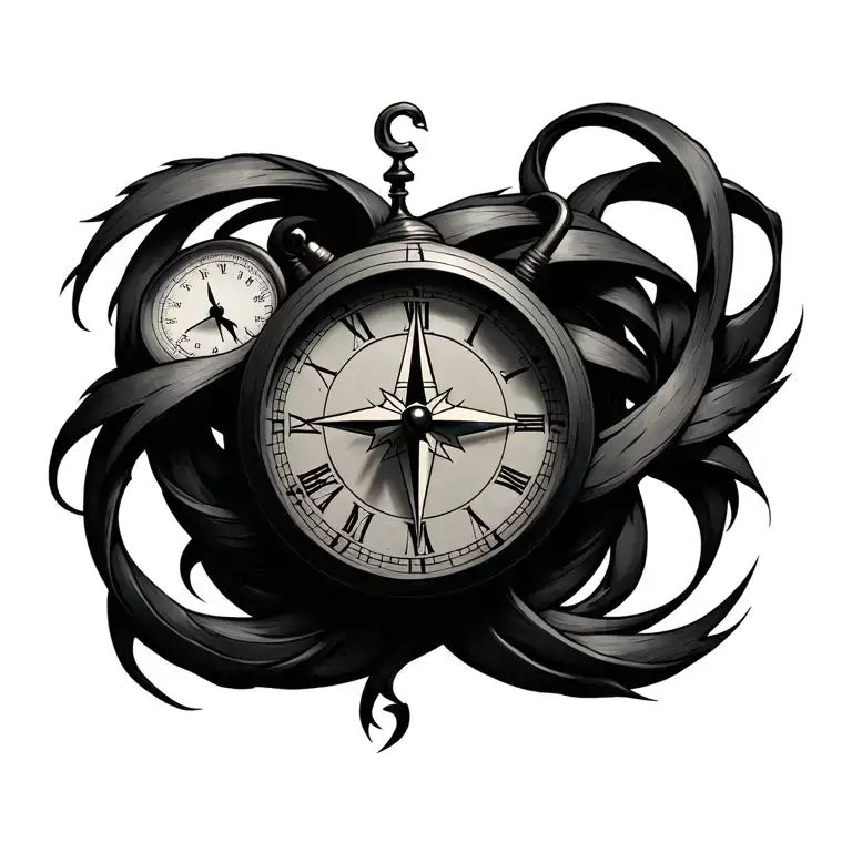 clock and compass intertwined tattoo design idea