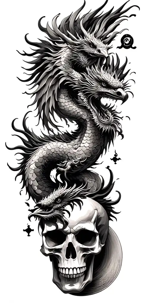 Chinese dragon and phoenix and skull and moon and raven tattoo design idea