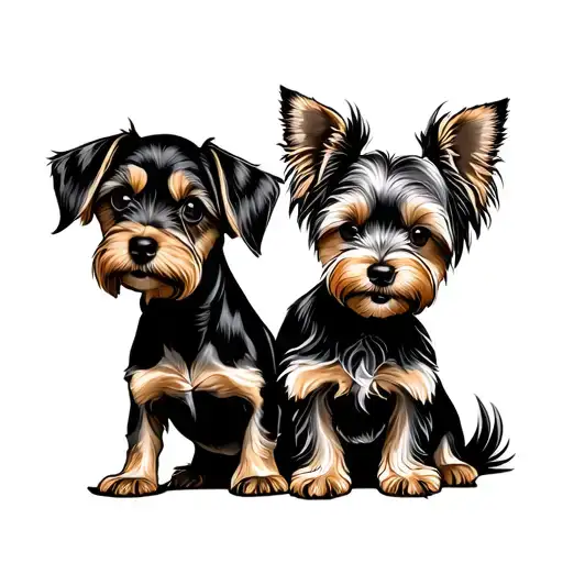 This is a minimalist black fine-line tattoo featuring three dogs: a Basset Hound, a Yorkie, and a Chorkie. tattoo design idea