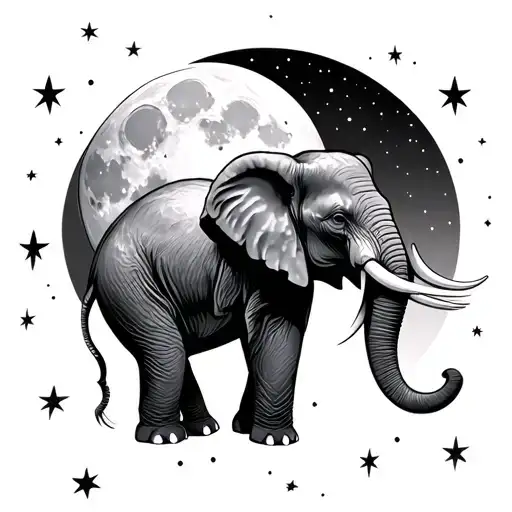 elephant and moon surrounded by stars tattoo design idea