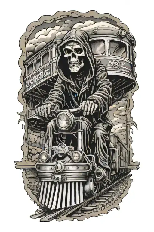 Grim Reaper inside an evil railroad train like rat fink harley tattoo design idea