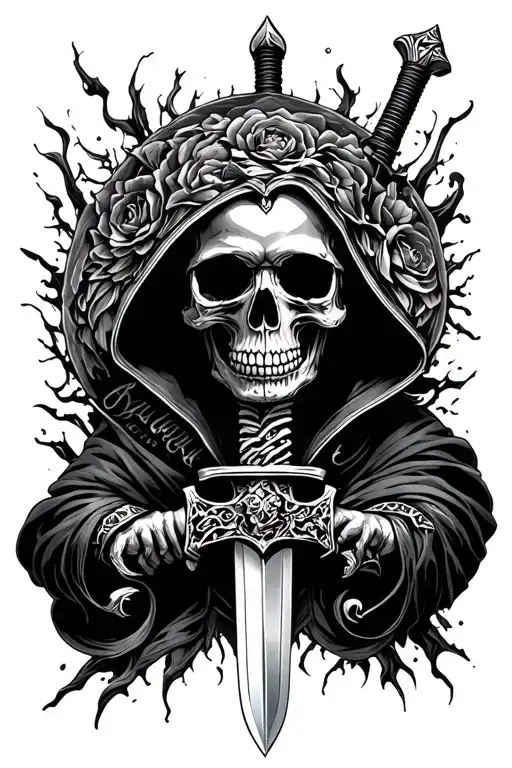 Skull with cover and sword tattoo design idea