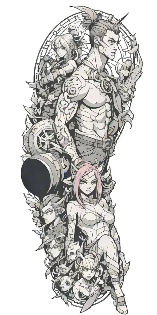 tattoo with five characters from league of legends, full body view, for man tattoo design idea