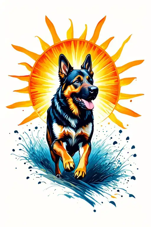 sun with German shepherd silhouette running through tattoo design idea