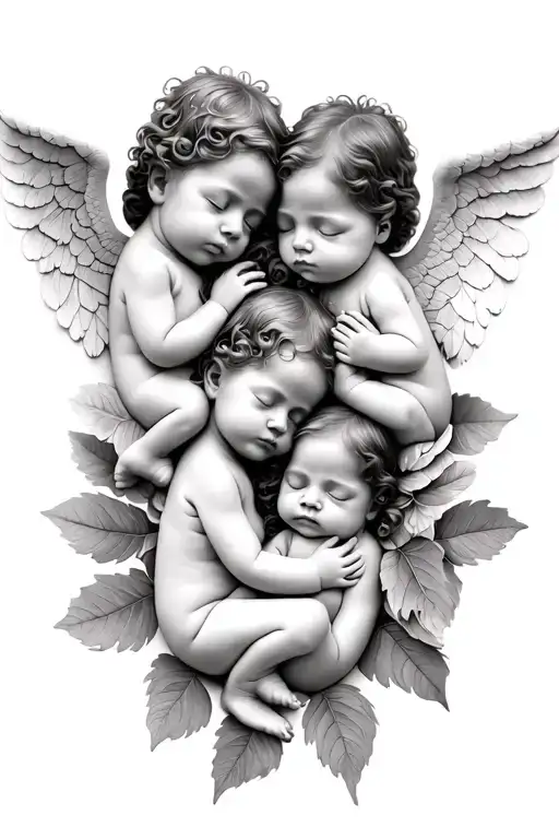 3 baby angels in leafs sleeping tattoo design idea