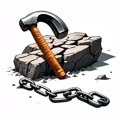 rocks cracks sledgehammer and chain in the foreground tattoo design idea