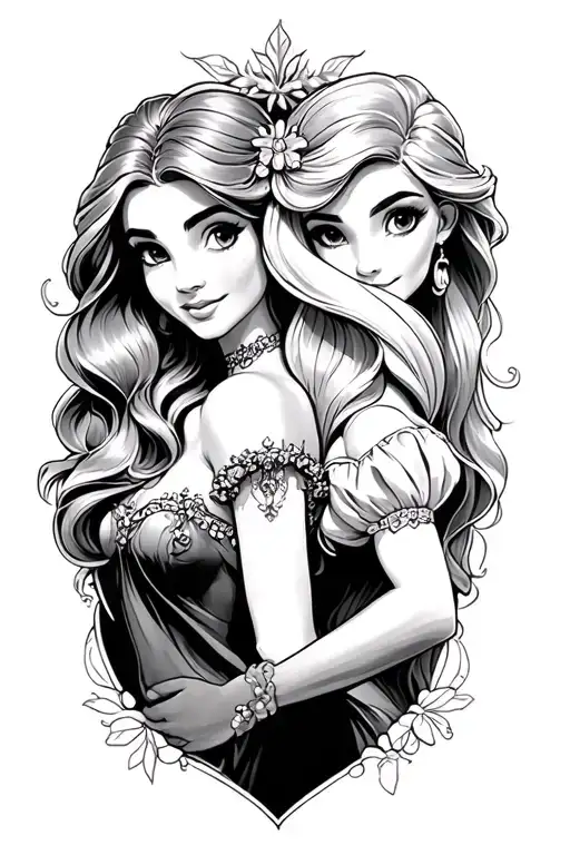 Ariel from The Little Mermaid, Repunzel from Tangled and Belle from Beauty and the beast tattoo design idea