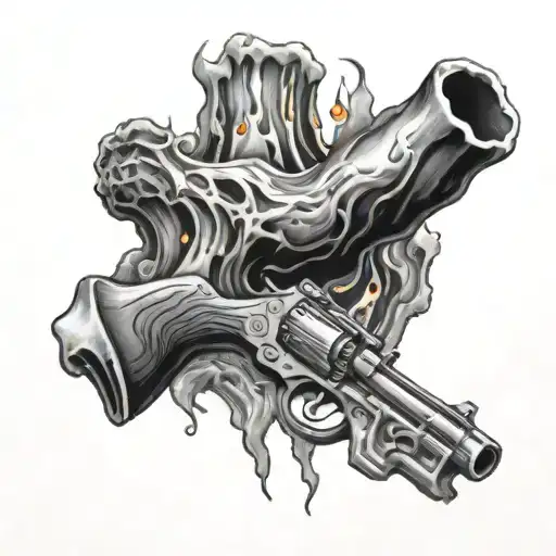 Fiery gun barrel melting into a pool of lava tattoo design idea