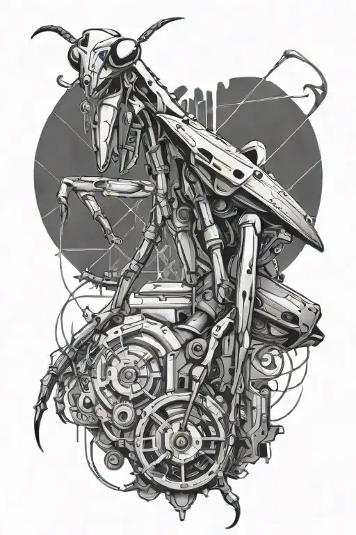 Industrial preying mantis tattoo design idea