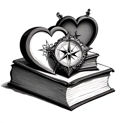 book and compass intertwined hearts tattoo design idea