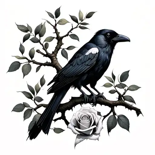 olive tree and raven perched with rose intertwined tattoo design idea