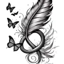 Feather with infinity sign wrapping around the feather and butterflies flying out of the infinity sign tattoo design idea