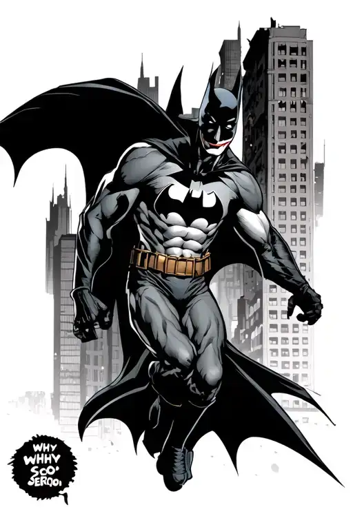 Batman jumping from a building the city skyline in the background and joker why so serious tattoo design idea