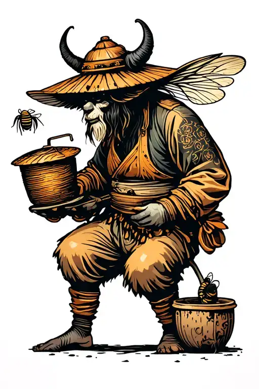 krampus beekeeper tending to a beehive tattoo design idea