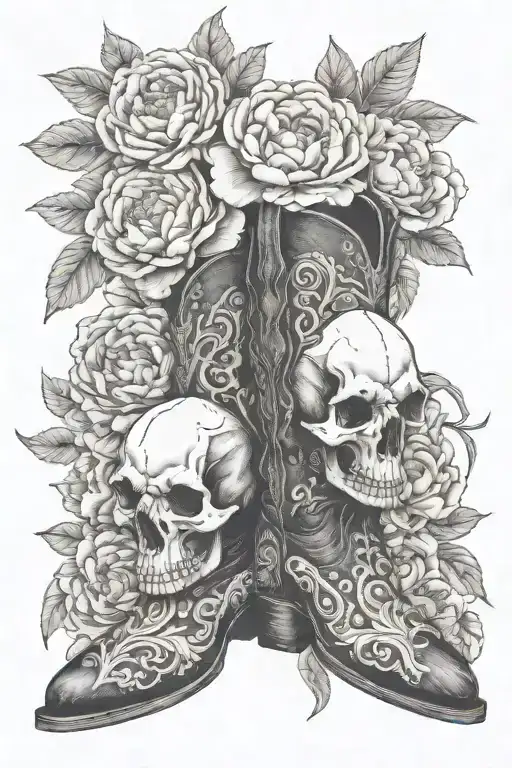 Longhorn cow skull cowboy boots peonies blooming tattoo design idea