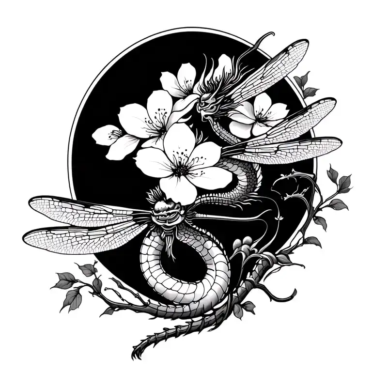 Japanese dragon fly style shoulder tattoo with cherry blossom design combining elements tattoo design idea