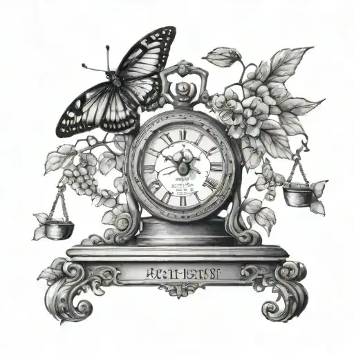 apothecary scale with motivation on one side and discipline on the other with time in the middle and a butterfly on time tattoo design idea
