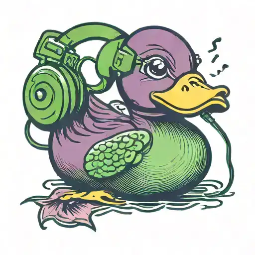 Purple rubber duck with green headphones listening tattoo design idea