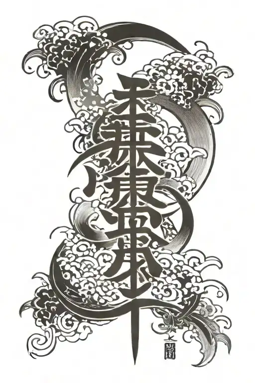 kanji writing "luck" in shap of moon phases tattoo design idea