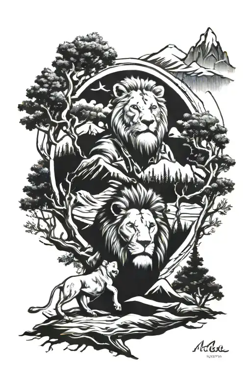 medic, doctor, trees, lion, mountains tattoo design idea
